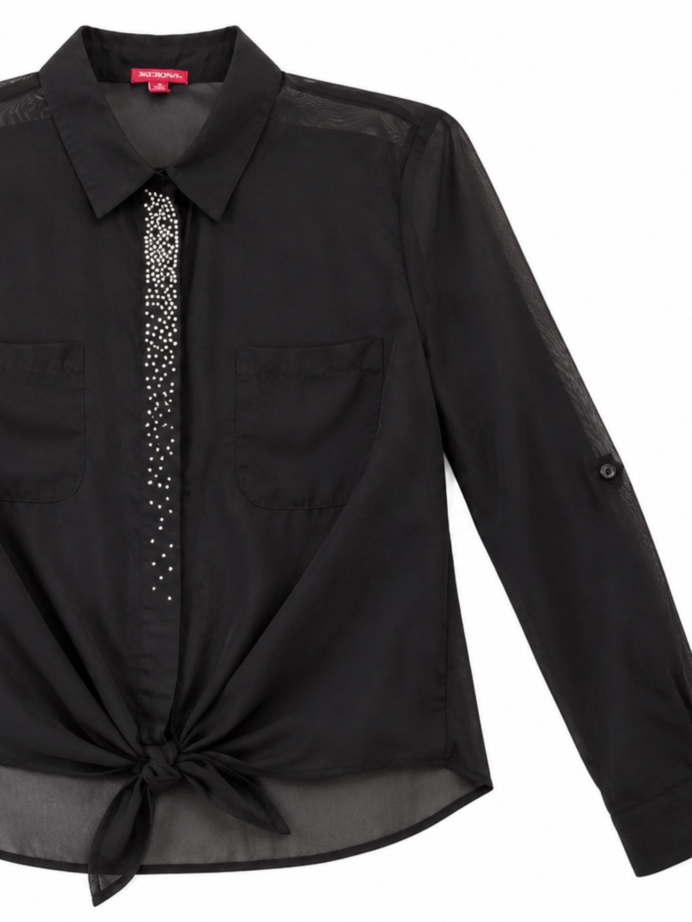 Vintage Bongo Black Sheer Tie-Front Blouse with rhinestone Placket size M